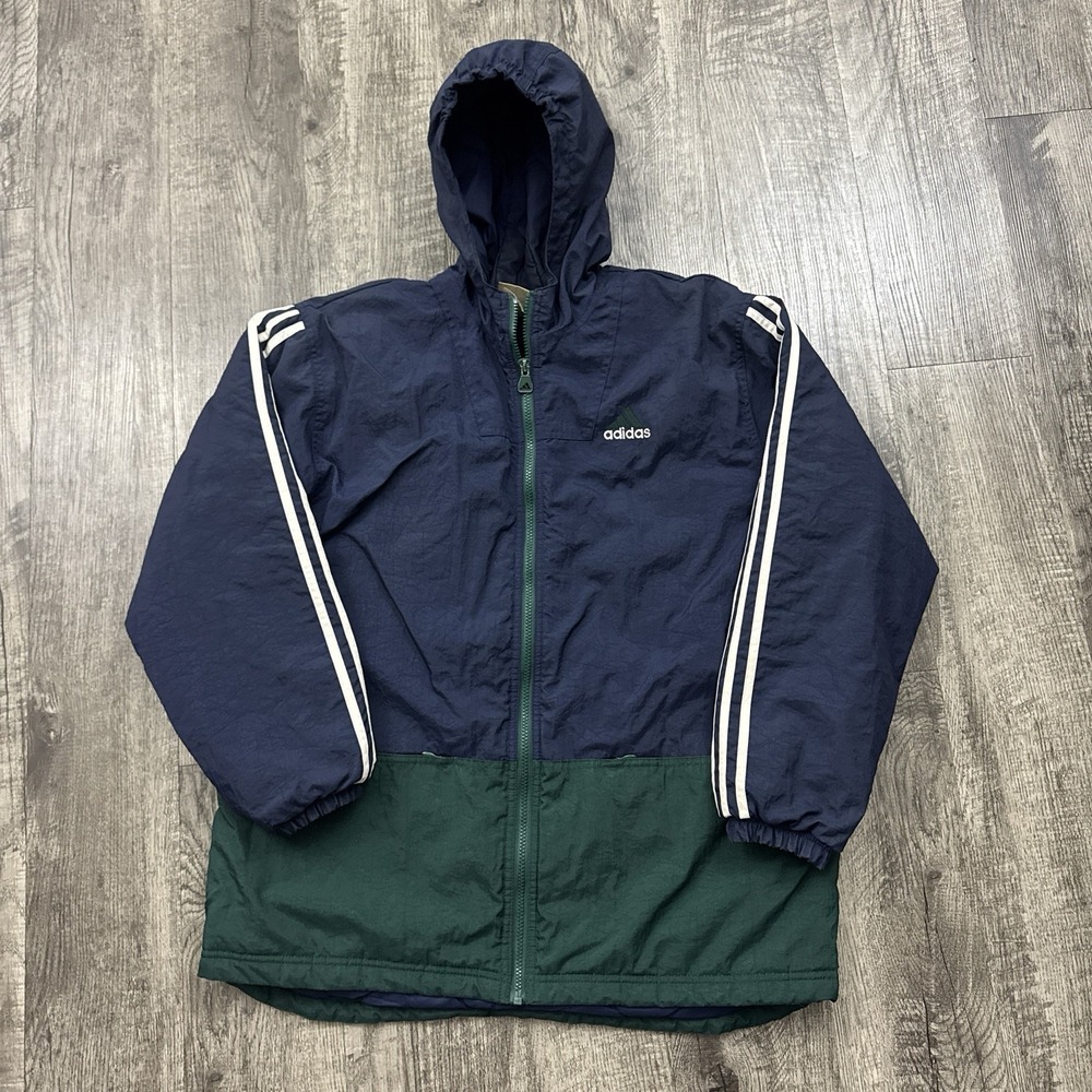 Vintage Adidas Puffer Zip Jacket Striped Sleeves Green Navy XL